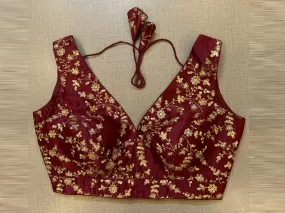 50V479-RO Dark Maroon Sleeveless Blouse With Golden Embroidery