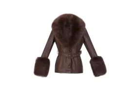 Brown Short Faux Leather Coat with Detachable Fur