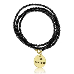 I am Content Affirmation Wrap Bracelet to Help Feel Happy with Midnight Dark Crystals - Gold