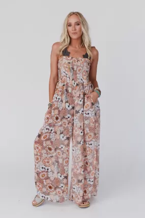 Retro Summer Floral Smocked Jumpsuit - Taupe