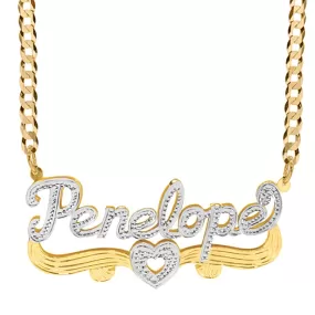 Solid Gold Double Name Plate with Tail and Heart Penelope