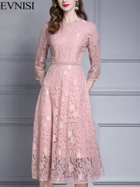 Spring Women Elegant Pink Lace Dress