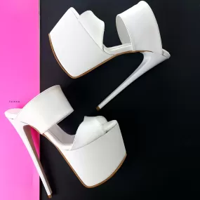 White Double Strap High Heel Platform Mules